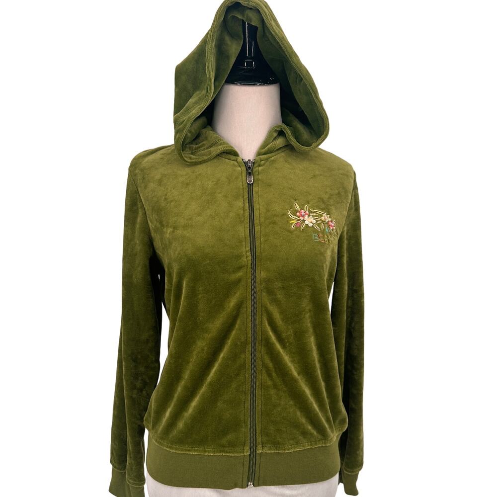 BCBGMaxazria Velour Green Floral Bird Embroidery Zip Up Jacket Petite Large